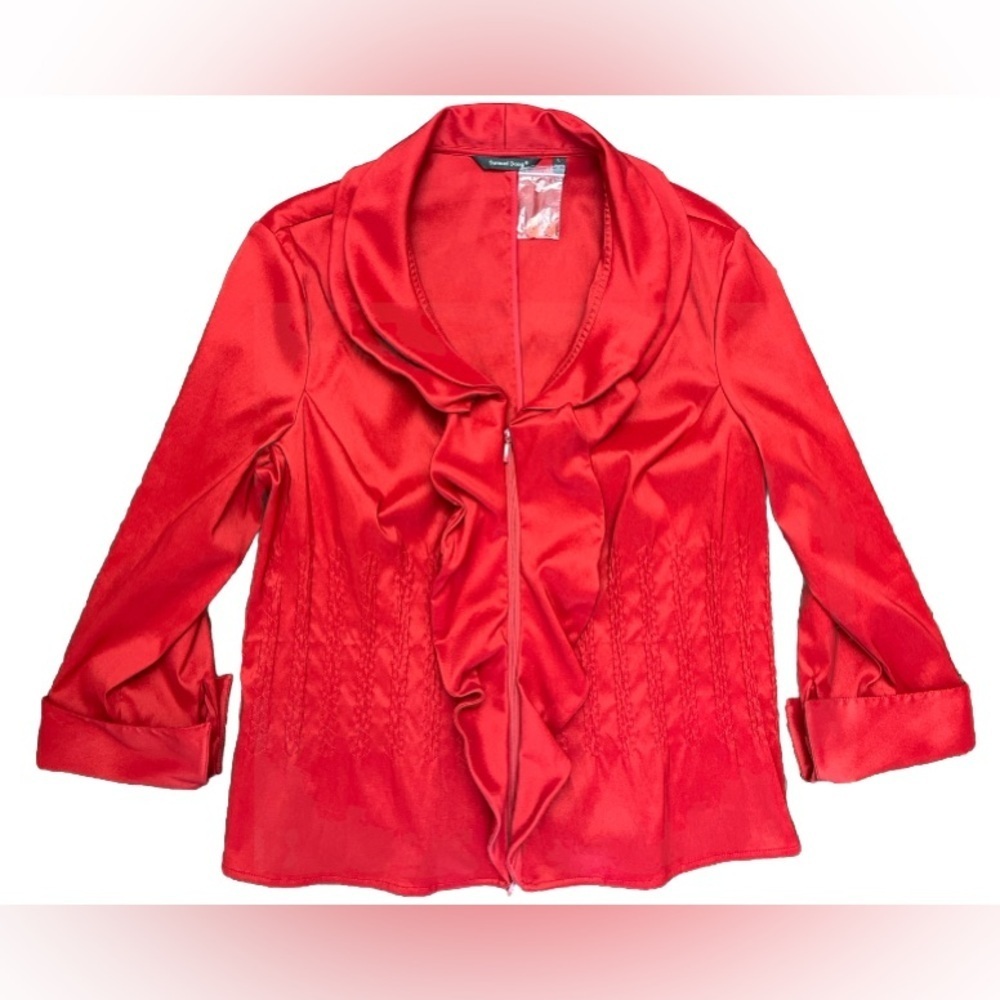 Samuel Dong Ruffle Blouse Jacket Size Large Red Classy Satin Zip Business NWOT